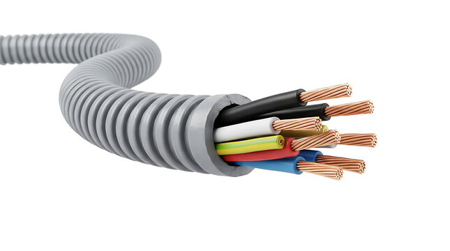 Gray corrugated electrical conduit with exposed colorful wires on white background