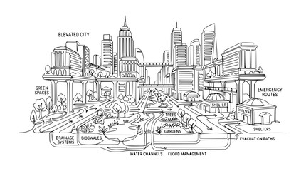 Obraz premium Futuristic Elevated City Design with Green Spaces and Drainage Systems