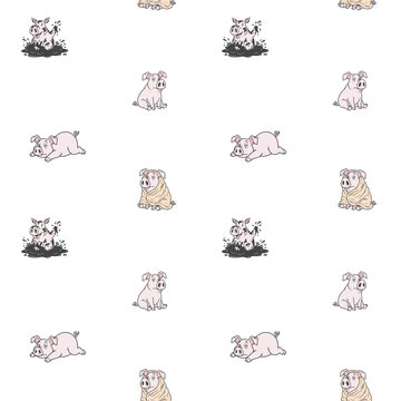 Cute funny pig in mud cartoon seamless pattern on white background adorable farm animal vector illustration design