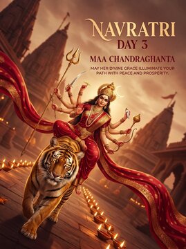 Navratri day 3 religious poster depicting goddess chandraghanta riding a tiger near a traditional temple with lit diyas hindu festival maa chandragh