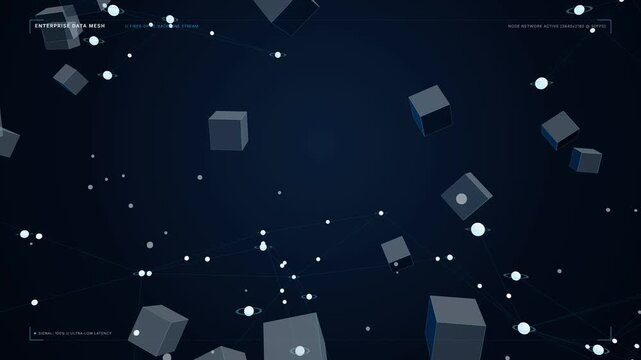 Abstract digital network background with floating 3D cubes and glowing connected data points representing enterprise data mesh, fiber optic backbone, and secure global communication for technology,...