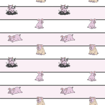 Cute funny pig in mud cartoon seamless pattern on pink and white horizontal stripes background adorable farm animal vect