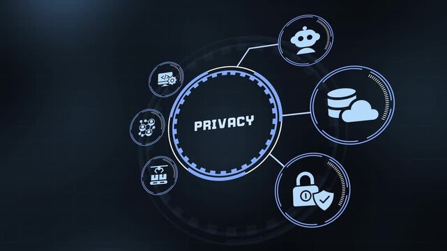 Abstract HUD tech interface for data privacy concept featuring connected icons of security lock, cloud, code, and robot bot