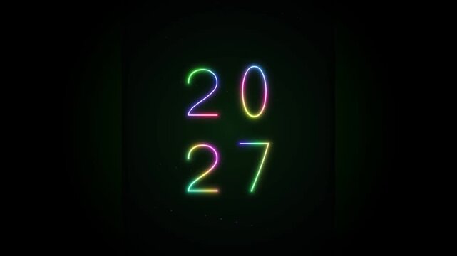 Vibrant 2027 neon numbers glowing with a dynamic rainbow color cycle against a dark, minimalist background, featuring subtle sparkling dust particles, ideal for future-themed projects, new year cel...
