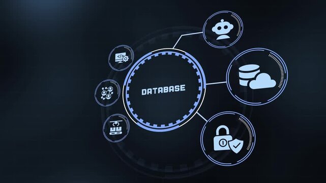 Futuristic HUD user interface with database concept icon set showing cloud server, coding, security, and robot automation