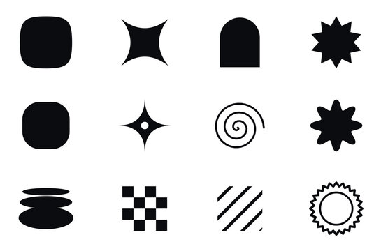 Collection of diverse abstract shapes and symbols in black vector style isolated on transparent background