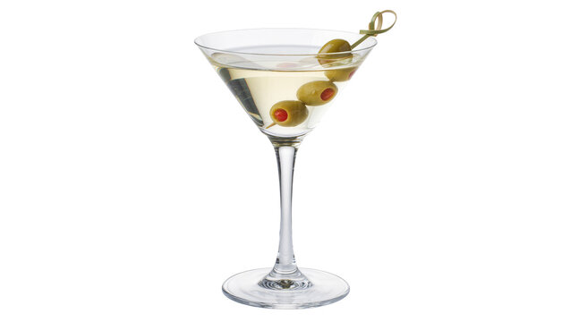 Clear martini cocktail with three green olives on a skewer, isolated on transparent background