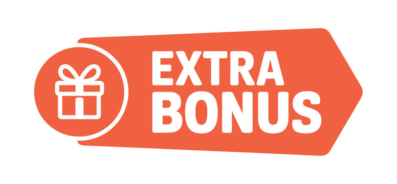 Orange arrow banner with white gift box icon and extra bonus text, flat label for sales promotion sign