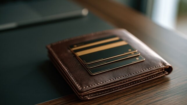 A premium bi fold wallet made of genuine dark brown leather rests on a sleek mahogany office desk. Three minimalist luxury black and gold credit cards peek out from its slots.