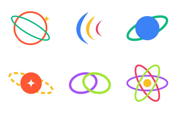Set of abstract planet and orbit vector icons in colorful flat style isolated on transparent background