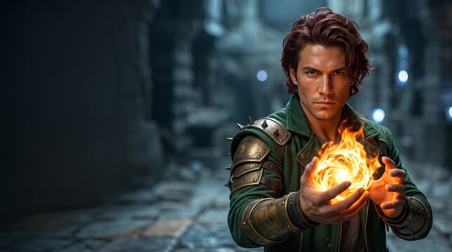 Fantasy Warrior Summoning Fire Magic In Dark Dungeon