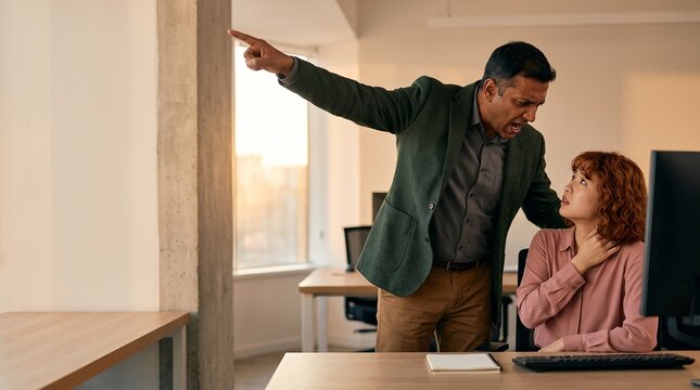 Angry Manager Scolding Stressed Female Employee in Office