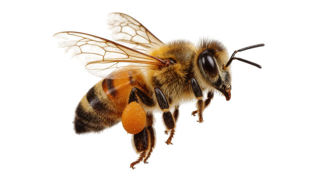 Fuzzy honey bee with pollen sac, isolated on transparent background