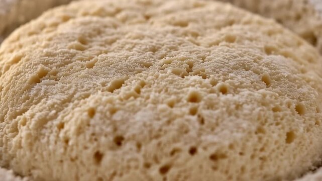 Fresh bread dough slowly rises during proofing in a detailed extreme macro artisan bakery scene.
