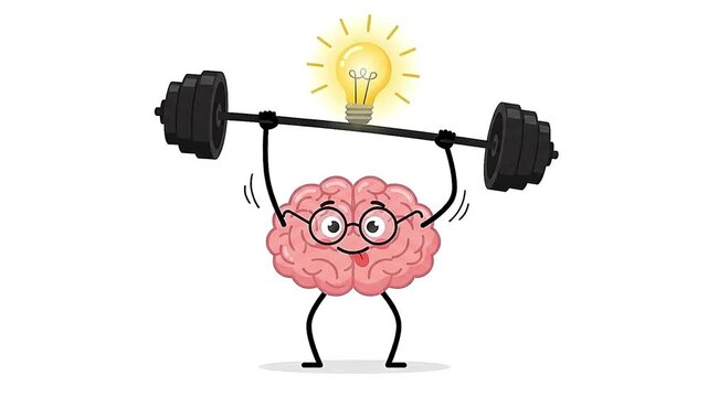 Intelligent brain character lifting heavy barbell with glowing lightbulb in this fun animated motion clip