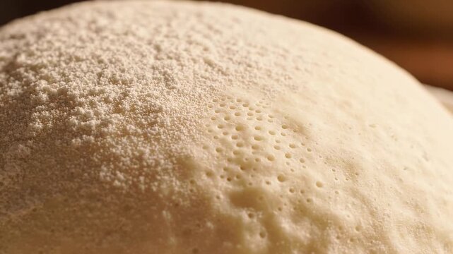 Fresh bread dough slowly rises during proofing in a detailed extreme macro artisan bakery scene.