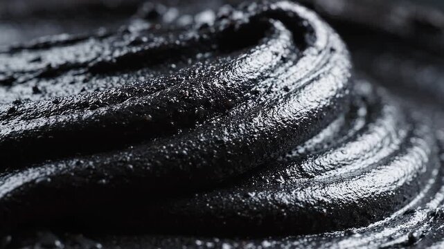 Glossy black sesame paste forms a rich sculptural swirl in a premium extreme macro gourmet food scene.