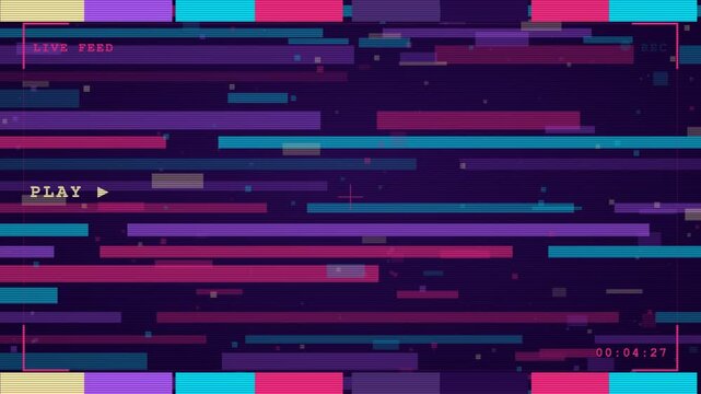 Purple and pink neon vhs tracking distortion animation, glitch motion background