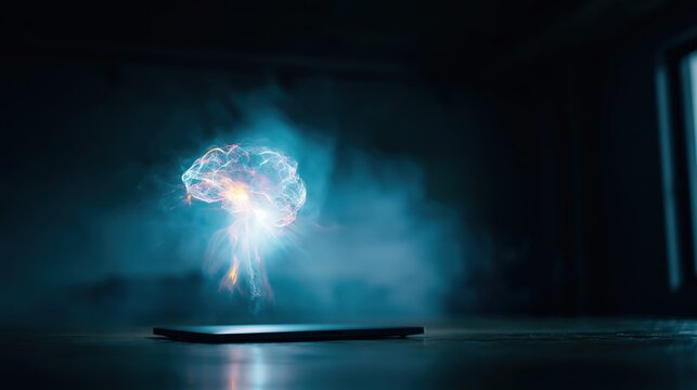 Abstract 3D light lines form a glowing brain network floating above a closed laptop in a dark matte minimalist interior, suggesting AI brainstorming and idea generation.