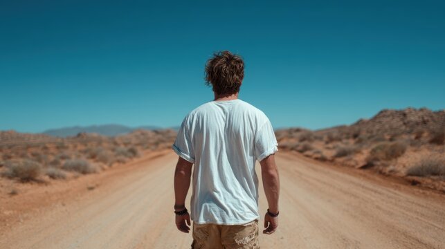 A solitary figure stands on a barren desert road, contemplating life's journey under a vast blue sky, evoking feelings of freedom and self-discovery amidst isolation.