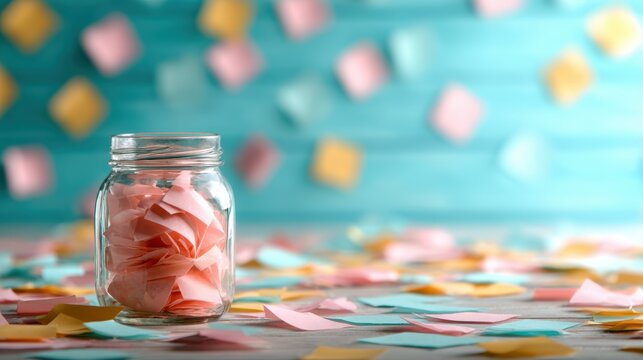 An inviting image of a jar filled with colorful sticky notes surrounded by a variety of scattered notes, portraying creativity and organization in everyday life.