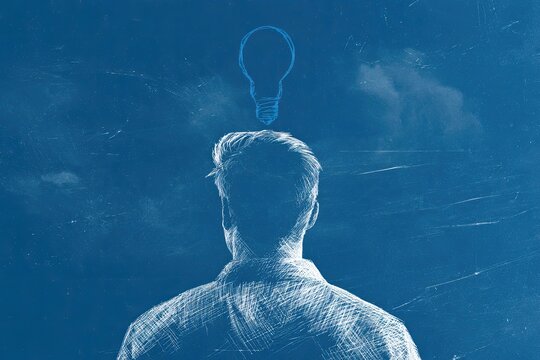 A person from behind, a glowing lightbulb overhead symbolizing a new idea