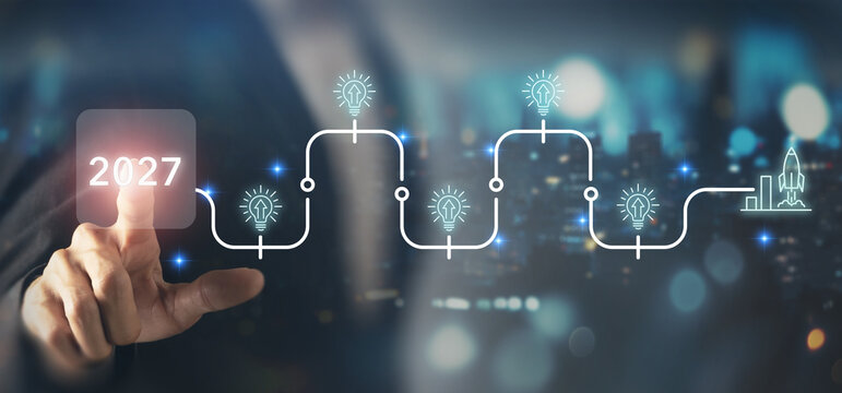 2027 Business Growth Strategy. Business professional presenting a 2027 strategic roadmap with innovation, growth ideas, development stages, and future business success.
