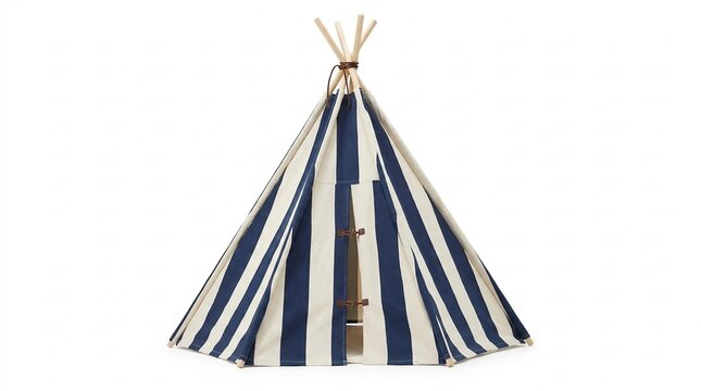 Blue and white striped canvas teepee tent for children isolated on a white background, perfect for nursery decor and playroom interior design, concept of childhood imagination and cozy play spaces