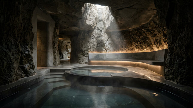 Luxury Underground Wellness Retreat with Natural Rock Walls and Reflective Pool