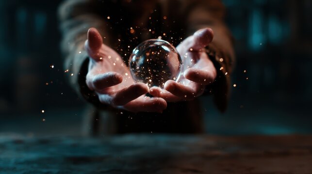 Two hands gently holding a glowing crystal orb, surrounded by sparkling particles, capturing the essence of magic and wonder in a dark, mysterious setting that invites imagination.