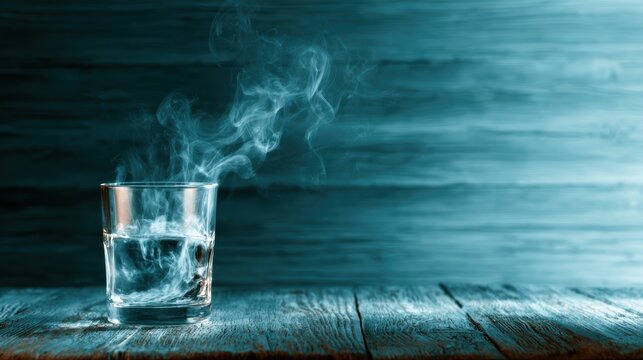 A steaming glass of water rests on a rustic wooden table, conveying warmth, tranquility, and the simple pleasures of life, portrayed through the mesmerizing dance of steam rising.