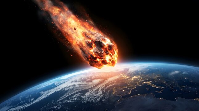 Burning asteroid entering Earth atmosphere above the planet surface