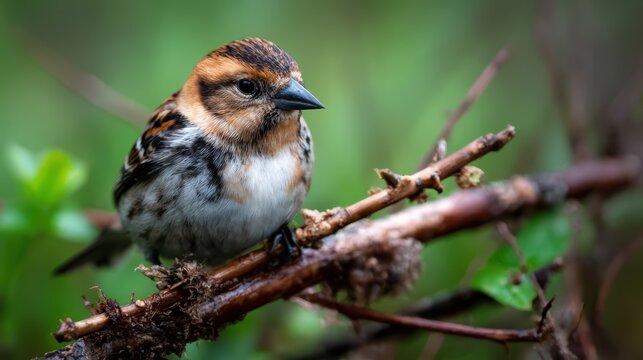 A small, charming bird is perched on a branch, surrounded by lush green foliage, capturing the beauty of nature and the delicate features of the avian world.