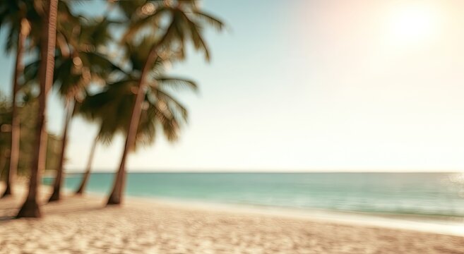 Blurred tropical beach with palm trees and clear ocean under bright sunlight