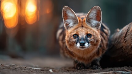 Fototapeta premium A stunning close-up of a brown-and-white wild animal with prominent ears, set against a blurred forest background illuminated by a soft sunset glow, showcasing its inquisitive nature.