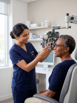Optometrist examining Black woman with slit lamp in eye clinic