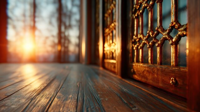 A warm sunset glows through ornate vintage doors, illuminating a rustic wooden floor and creating a nostalgic atmosphere that invites reflection and tranquility.