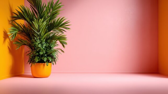 This modern interior features vibrant orange and pink walls with a lush green plant in a pot, creating an inviting and colorful ambiance perfect for stylish living.