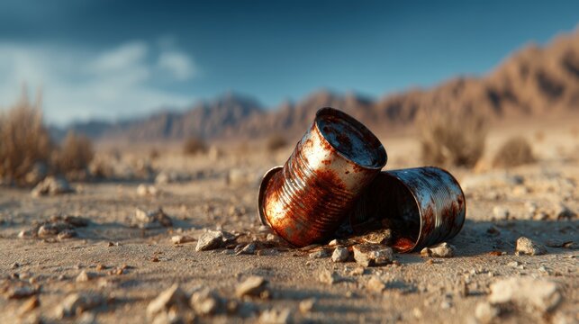 Abandoned rusty cans lie on the arid ground of a barren landscape, a poignant reminder of neglect and the passage of time, emphasizing the beauty of desolation.