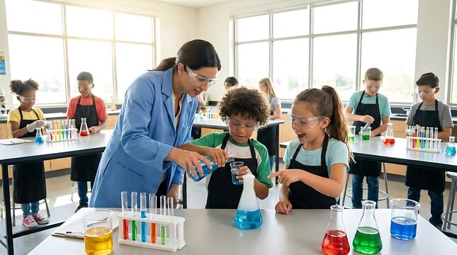 Elementary students conducting chemistry experiments in science lab.