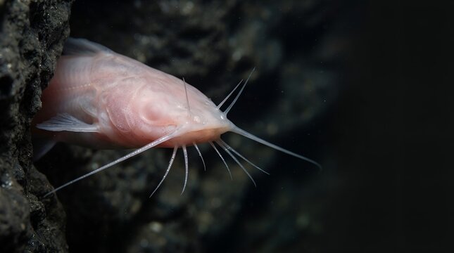 Albino Corydoras Catfish Peeking from Behind Dark Rock.