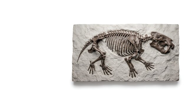 Ancient Dicynodont Fossil Skeleton Embedded in Stone Plate.
