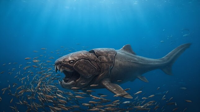 Dunkleosteus prehistoric fish swimming in the deep blue ocean.