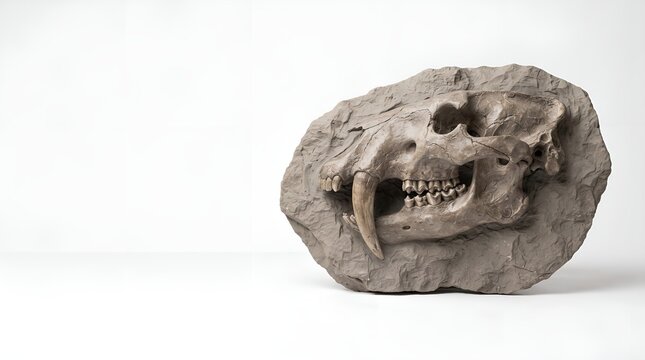 Fossilized skull of a prehistoric saber-toothed cat embedded in rock.