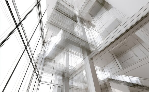 Abstract architectural rendering of a modern building with glass walls and geometric forms