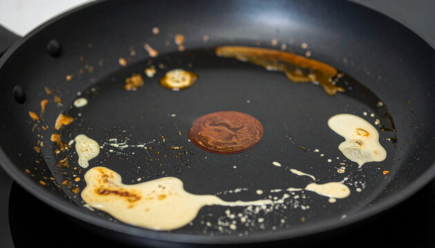 油汚れが残った使用後のフライパンのクローズアップ
Close-up of a used frying pan with greasy residue