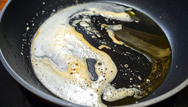 使用後のフライパンに残った油汚れのクローズアップ
Close-up of greasy residue left in a used frying pan