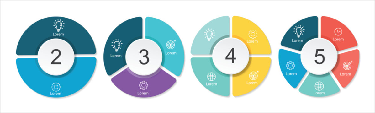 Infographic circle  diagram set. Circular  chart template 2-5 steps options. cycle diagram design for business presentation, vector illustration.