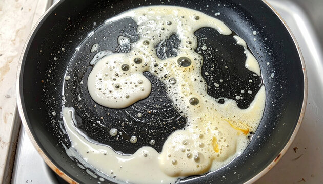 使用後のフライパンに残った油汚れのクローズアップ
Close-up of greasy residue left in a used frying pan