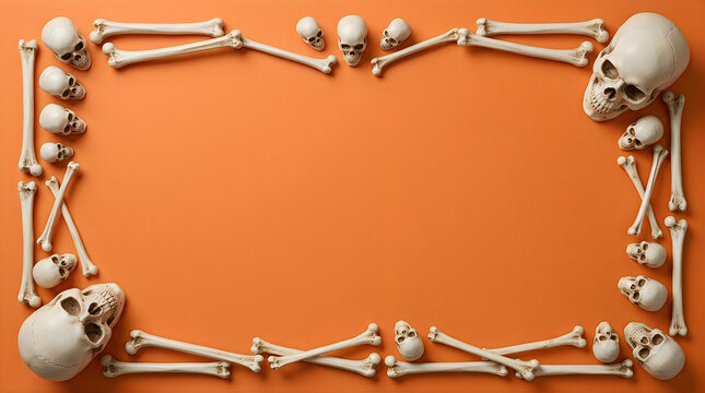 Halloween skeleton frame border with skulls and bones on orange background